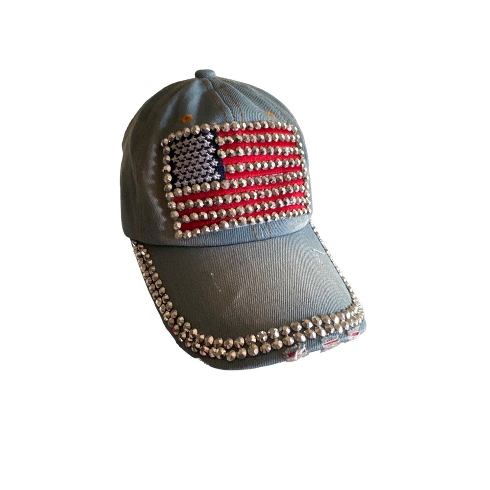 Unbranded Baseball Cap Blue American Flag Studded Distressed Denim Strapback Hat